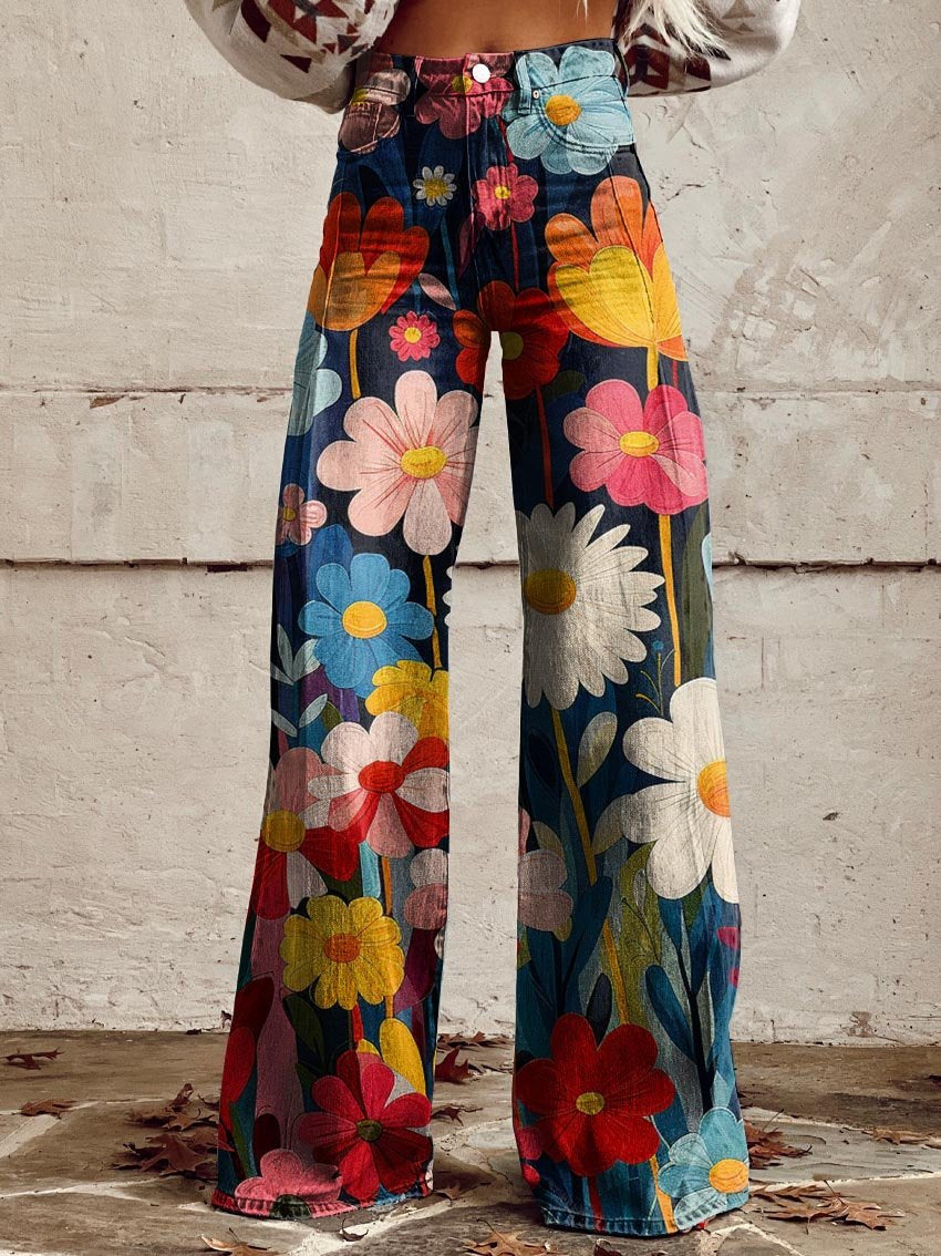 POPPY -  Vintage Floral Print Wide-Leg Jeans